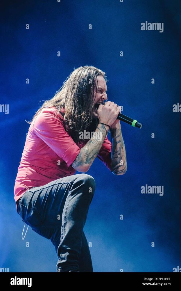 Stock image of Marcus Bischoff, vocalist from Heaven Shall Burn, performing live on stage
