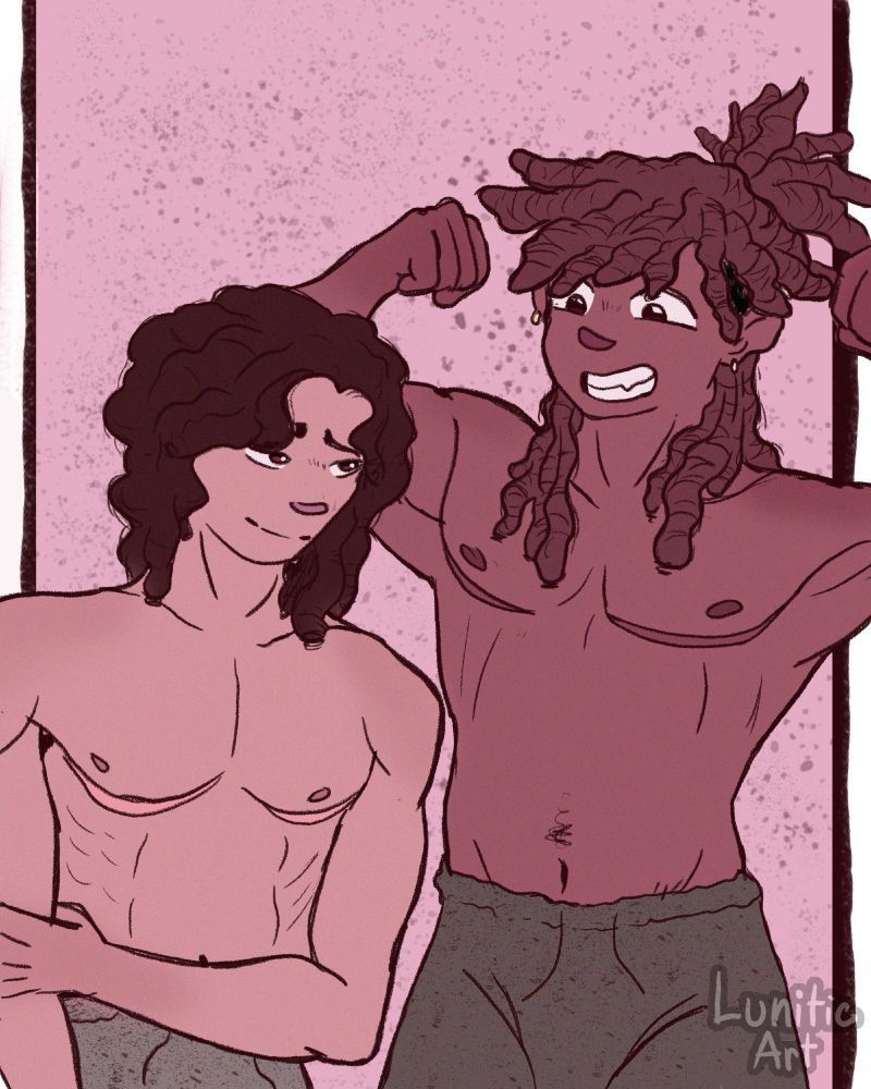 my character Fran (left) and Marcus from Daybreak being topless with their surgery scars