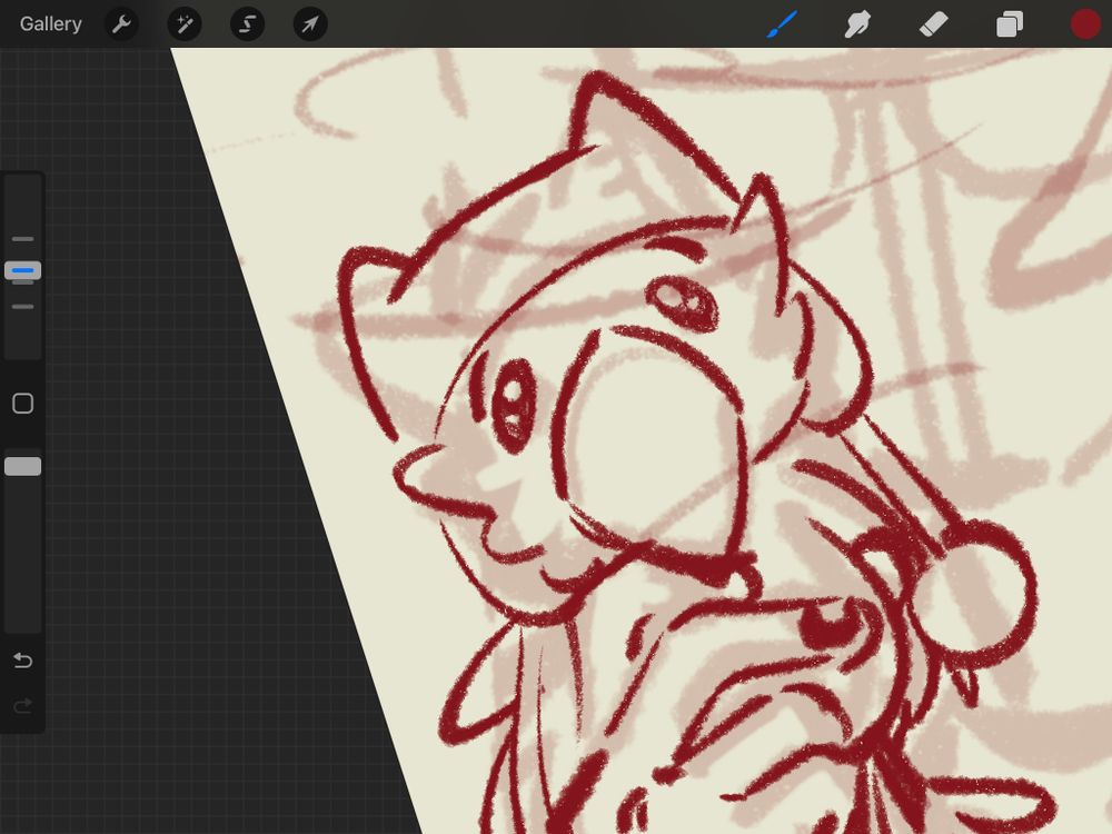 drawing of tiny plush bird (specifically a chocobo from final fantasy games) wearing a knitted cat ear hat with pompoms on strings hanging off it, held in a hand with an undetailed sketch of a face wearing glasses behind it