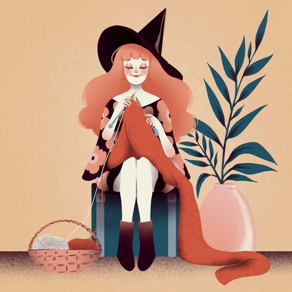 A drawing of a witch who knits.