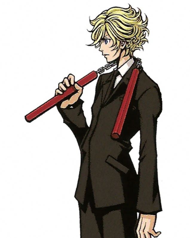 Nunchaku's three-quarter portrait from Before Crisis. A young man with curly blond hair and blue eyes wearing a black suit and tie with a white shirt frowns at something off-screen. Over his shoulders is a pair of long, red, straight-sided nunchucks connected by a steel chain.