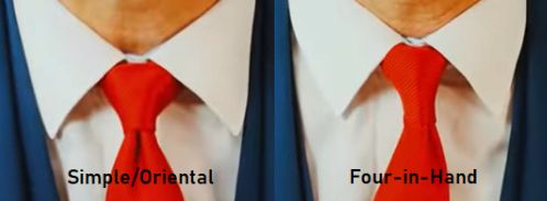 A comparison image of the Simple/Oriental and Four-in-Hand knots side-by-side, tied with the same tie. The first knot resembles a shorter, tighter version of the Turks' tie knots. The second is a narrower knot overall, with a more prominent and curving side on the wearer's right, giving it a slender, off-kilter look.