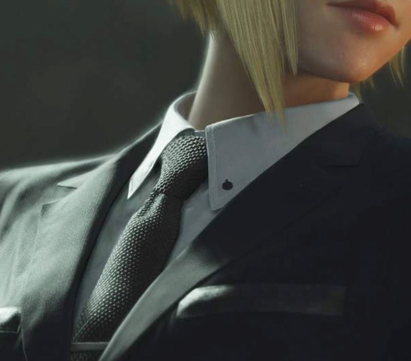 Elena's tie knot in FFVII Rebirth. It is a simple knot in a textured fabric that gives the knot a little bulk.