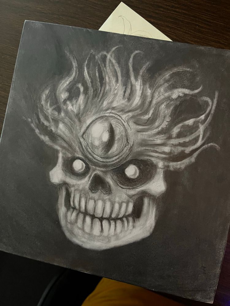 A skull with a large third eye and smoky tendrils coming out of its head. Graphite illustration on gesso board.