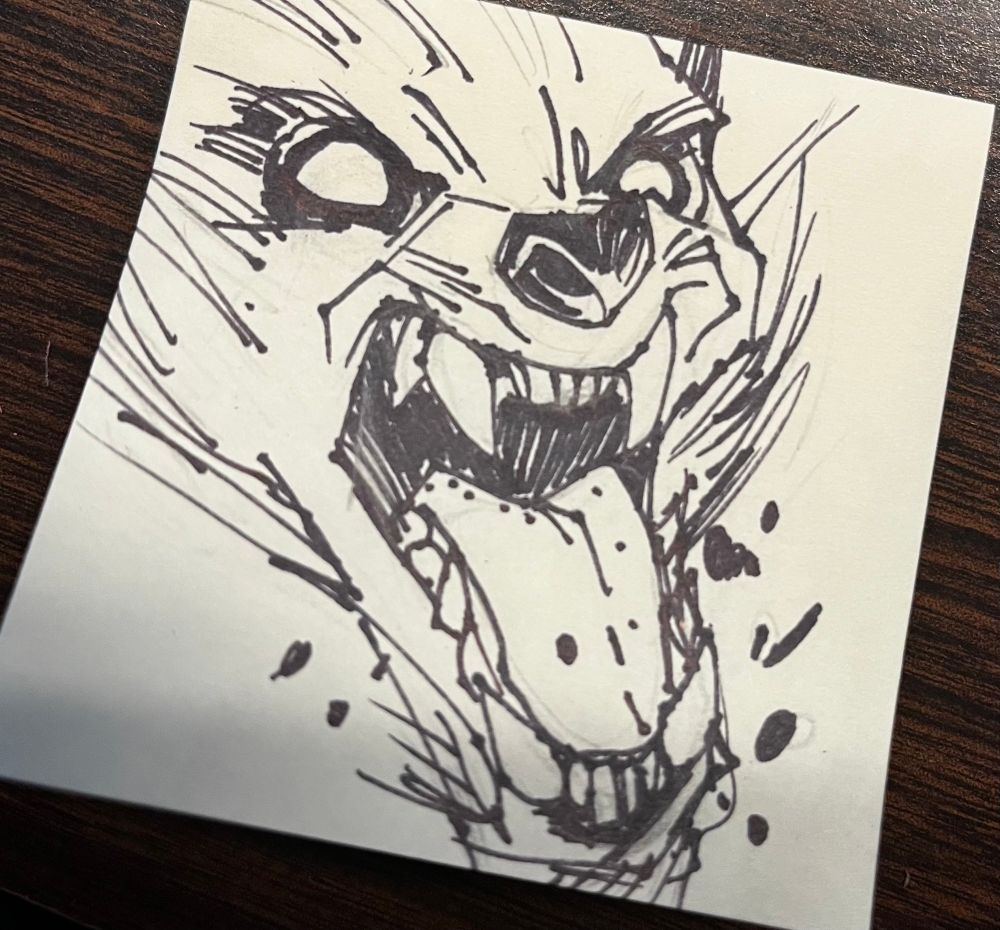 Ultra fine sharpie sketch of a werewolf on a post-it.