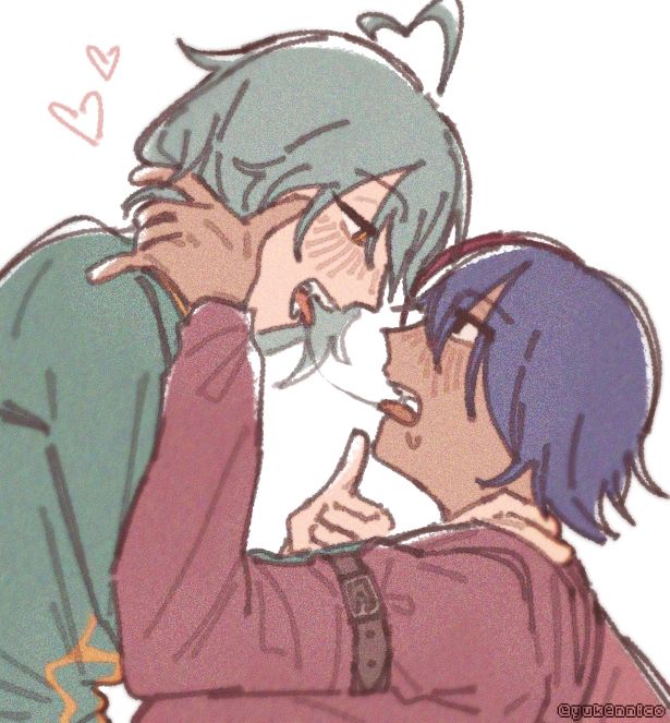a drawing of ashe bradley and wilardo adler from witchs heart, both are making out, pulling a trait of saliva out, wilardo is holding ashes face while ashes holds on his neck and his other hands thumb pressing on wilardos chin