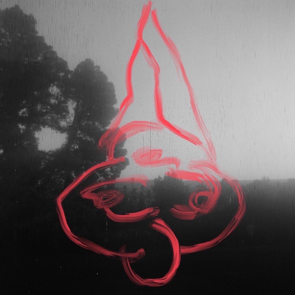 Square, black and white film photo of a skyline with trees.   Overlayed is a simple digital line painting in red of a life drawing model, they are laying down with their legs up and crossed.  