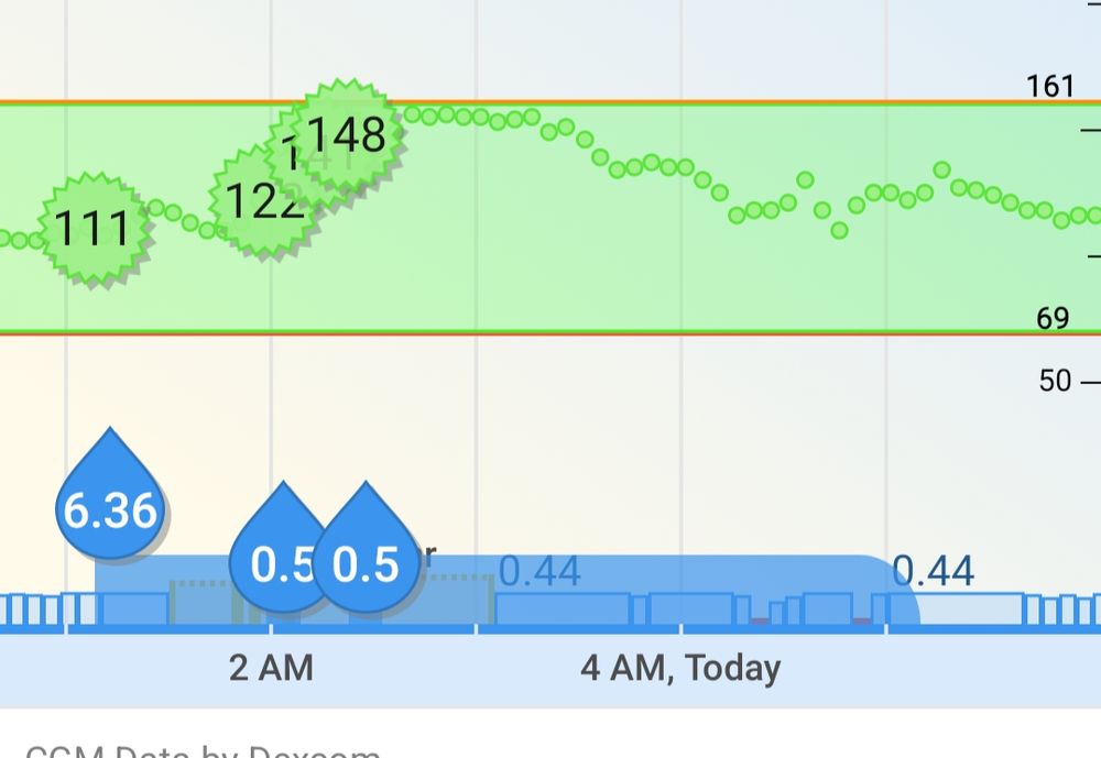 Tandem Tslim x2 phone app showing blood sugar readings after a meal of a salad with homemade ranch, a burger slider with cheese, and 5 mini baguette slices. Total of roughly 50 grams of carbs, 47 grams of protein, and 50 grams of fat. Dosed 6.36 units of extended bolus with 2 units or so upfront with a prebolus of 20 minutes, 25 minutes for the baguette. Added a temp basal of 200% for 30 minutes right after prebolusing and 250% for 1 hour following that. Blood Sugar stayed between 111 mg/dl & 160 mg/dl for the following 4 hour extended bolus. I was asleep for most of this which is highly unusual and I expected my SugarPixel to alert me to a high blood sugar.