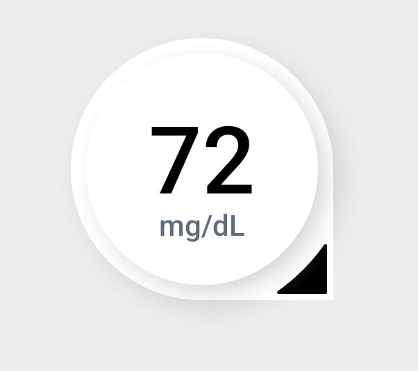 CGM reading of 72 mg/dl with a slight down arrow. 