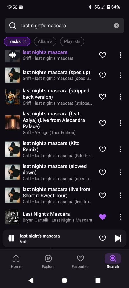  A Deezer SERP showing like a million versions of last night's mascara by Griff before getting to Last Night's Mascara by Brynn Cartelli.