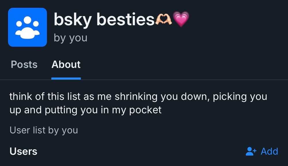 list titled “bsky besties🫶🏻💗” with the caption “think of this list as me shrinking you down, picking you up, and putting you in my pocket”