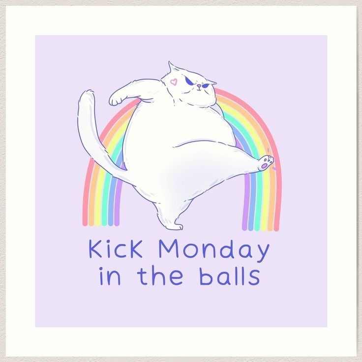 Cartoon drawing of a white cat kicking one leg into the air. Rainbow behind him. Text reads "Kick Monday in the balls"