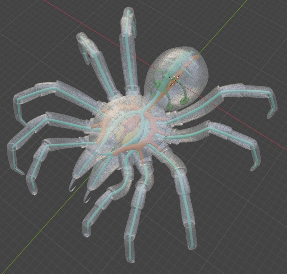 Screenshot of a 3d model of a spider, top-ish front view. The spider's body is translucent, showing some internal organs; digestive system in orange, circulatory system in light blue, respiratory system in green, brain in yellow.