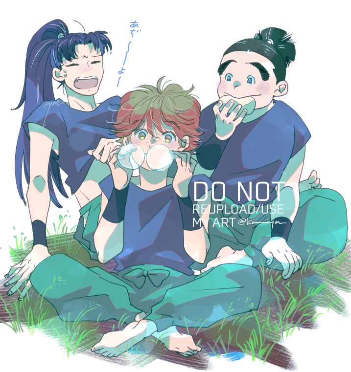 忍たまのFA。成長if。六年生サイズの乱太郎きり丸しんべヱが座って木陰で涼む図。