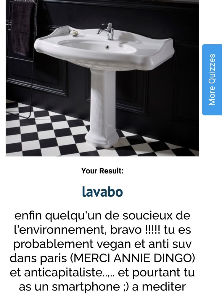 
Your Result:
lavabo
enfin quelqu'un de soucieux de l'environnement, bravo !!!!! tu es probablement vegan et anti suv dans paris (MERCI ANNIE DINGO) et anticapitaliste..,.. et pourtant tu as un smartphone ;) a mediter
