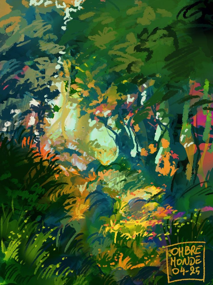 A digital painting of a multicoloured forest, signed Ombremonde 04-25