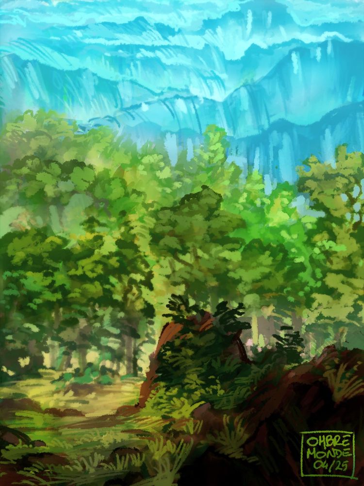 Digital landscape painting of a forest with mountains behind.