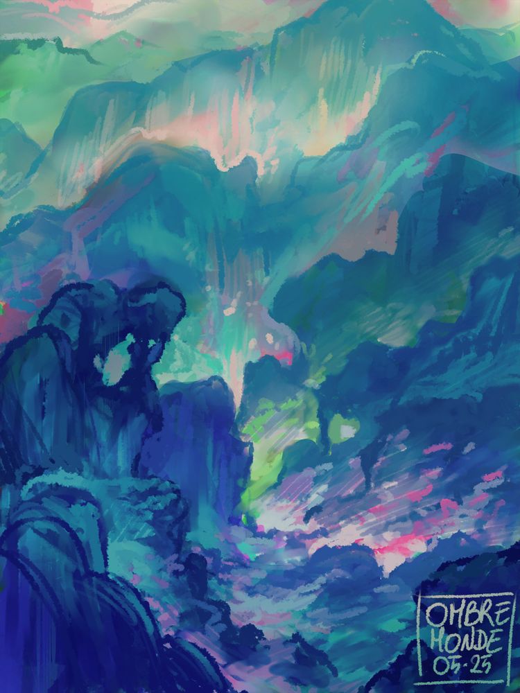 A digital painting of a blue montainous fantasy place, signed "Ombremonde 05-25"