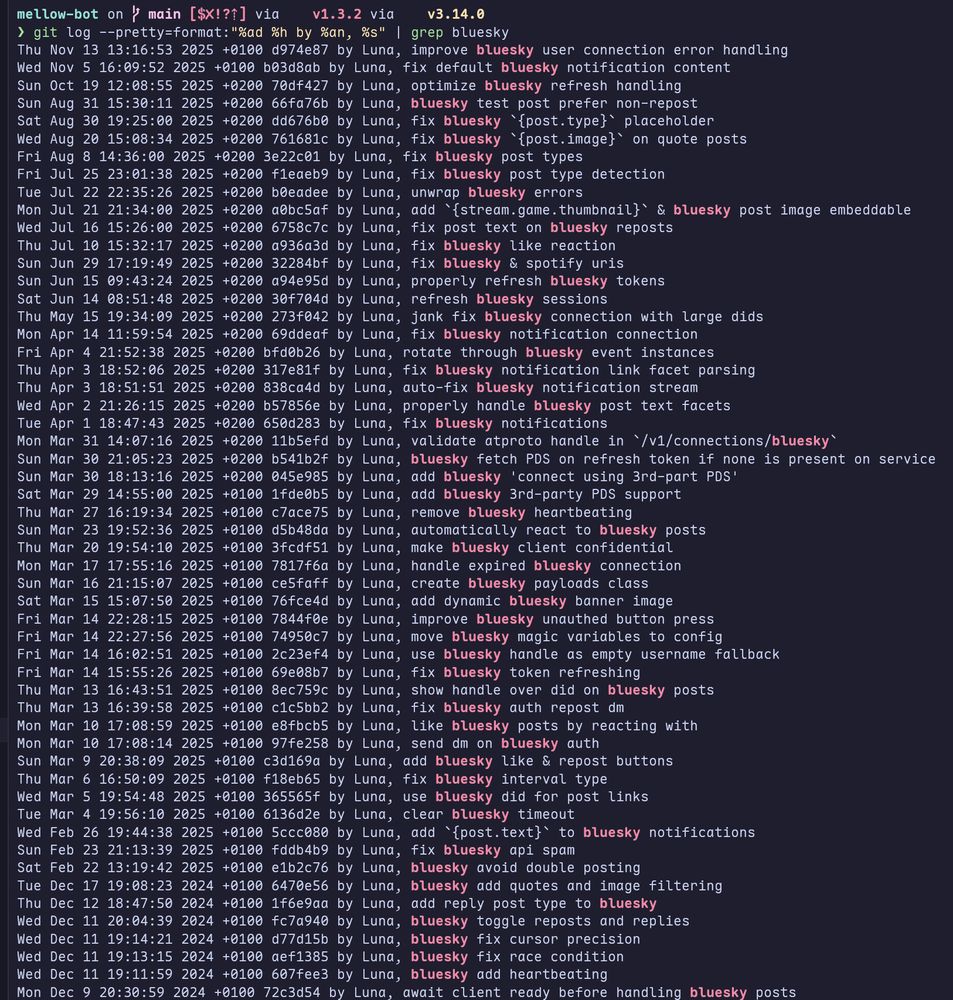 git log --pretty=format:"%s" | grep bluesky
improve bluesky user connection error handling
fix default bluesky notification content
optimize bluesky refresh handling
bluesky test post prefer non-repost
fix bluesky `{post.type}` placeholder
fix bluesky `{post.image}` on quote posts
fix bluesky post types
fix bluesky post type detection
unwrap bluesky errors
add `{stream.game.thumbnail}` & bluesky post image embeddable
fix post text on bluesky reposts
fix bluesky like reaction
fix bluesky & spotify uris
properly refresh bluesky tokens
refresh bluesky sessions
jank fix bluesky connection with large dids
fix bluesky notification connection
rotate through bluesky event instances
fix bluesky notification link facet parsing
auto-fix bluesky notification stream
properly handle bluesky post text facets
fix bluesky notifications
validate atproto handle in `/v1/connections/bluesky`
bluesky fetch PDS on refresh token if none is present on service
add bluesky 'connect using 3rd-part PDS'
add bluesky 3rd-party PDS support
remove bluesky heartbeating
automatically react to bluesky posts
make bluesky client confidential
handle expired bluesky connection
create bluesky payloads class
add dynamic bluesky banner image
improve bluesky unauthed button press
move bluesky magic variables to config
use bluesky handle as empty username fallback
fix bluesky token refreshing
show handle over did on bluesky posts
fix bluesky auth repost dm
like bluesky posts by reacting with 🩵
send dm on bluesky auth
add bluesky like & repost buttons
fix bluesky interval type
use bluesky did for post links
clear bluesky timeout
add `{post.text}` to bluesky notifications
fix bluesky api spam
bluesky avoid double posting
bluesky add quotes and image filtering
add reply post type to bluesky
bluesky toggle reposts and replies
bluesky fix cursor precision
bluesky fix race condition
bluesky add heartbeating
await client ready before handling bluesky posts