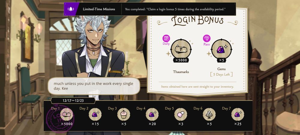 A screenshot of the users daily login screen with Jack Howl greeting them with their daily login bonus