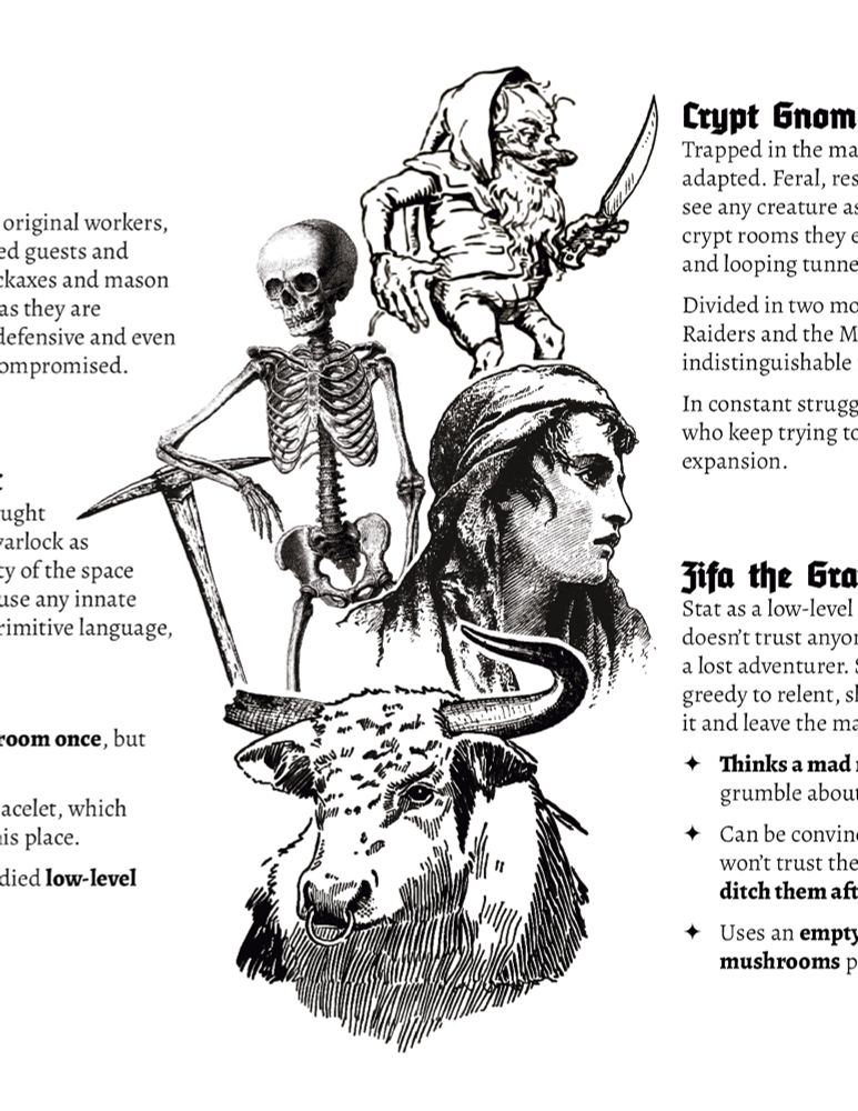 Close up of a page. It shows art of a "crypt gnome", a skeleton, a woman and a minotaur.