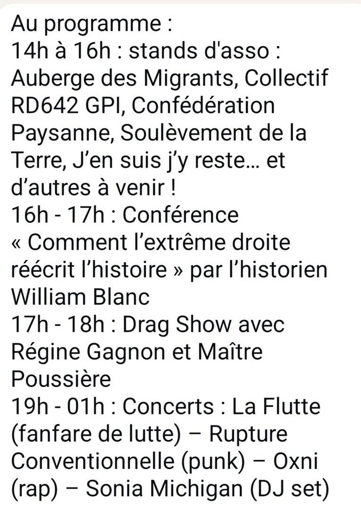 Associations, conférence "comment l'extrême droite réécrit l'histoire, drag show, punk, rap, dj set et fanfare de lutte !
