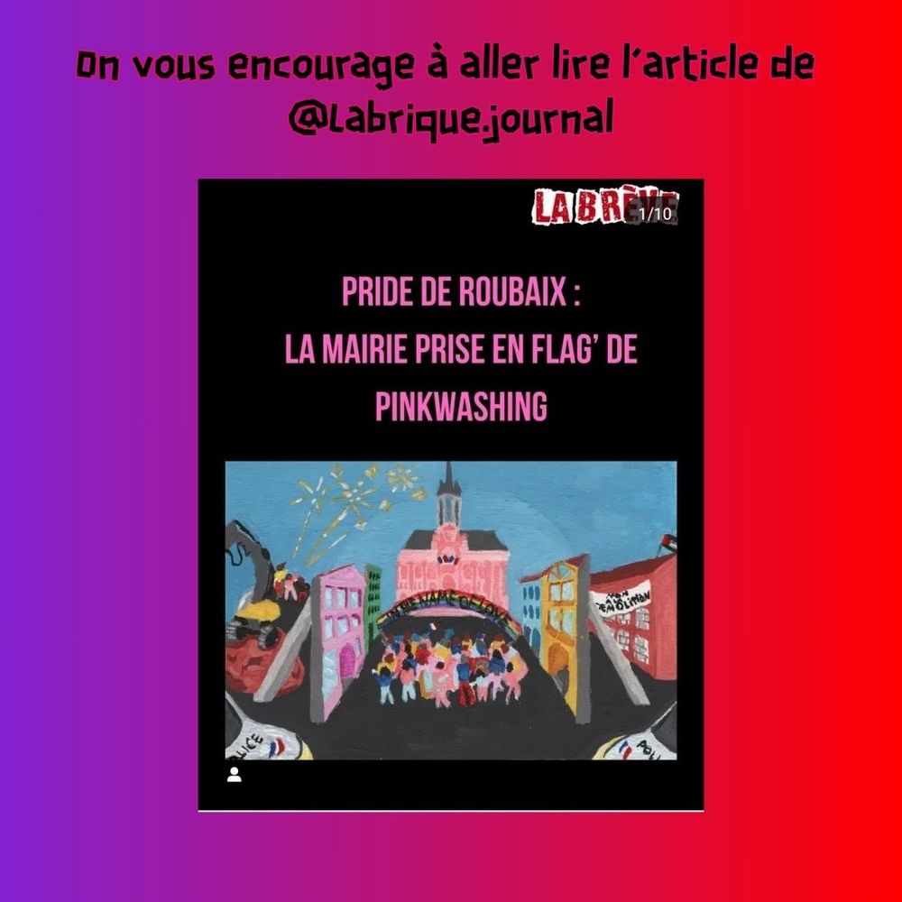 Visuel de pour relayer le communiqué de La Brique sur la pride de Roubaix sur instagram. Lien : https://www.instagram.com/p/DKSozeDiTX6/?igsh=eWZwMmt2cWVmempu  