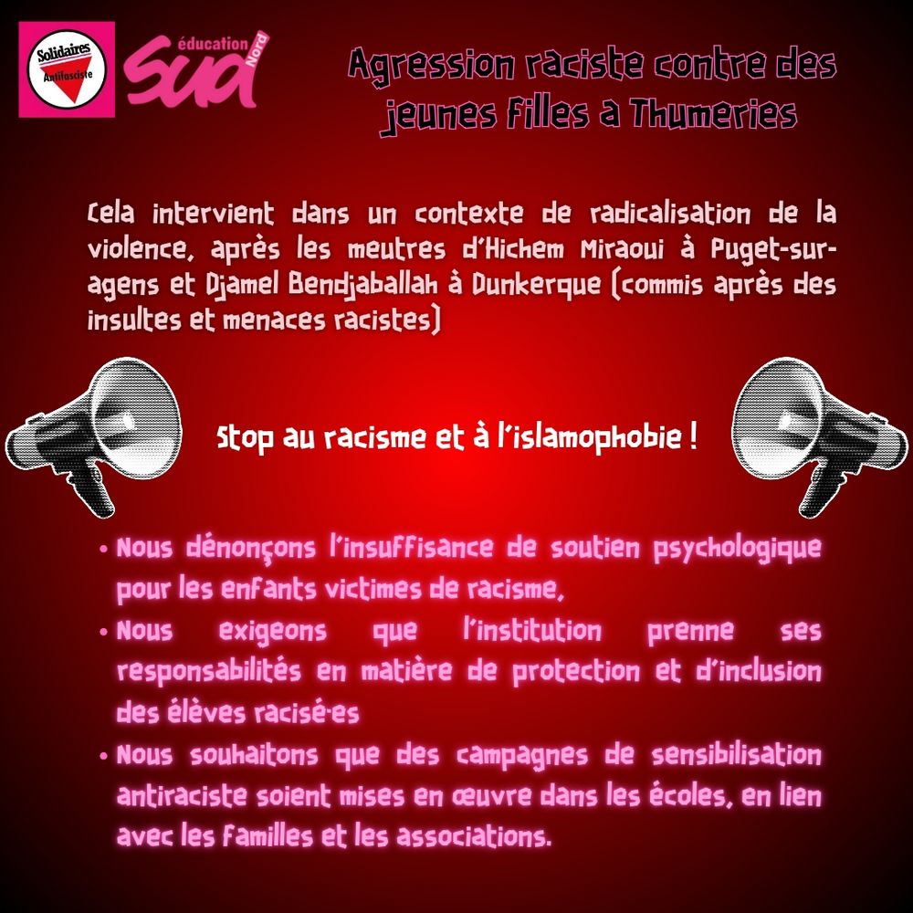 Nous dénonçons l'insuffisance de soutien psychologique pour les enfants victimes de racisme, nous exigeons que l'institution prenne des responsabilités en matière de protection et d'inclusion des élèves racisé·es, nous souhaitons que des campagnes de sensibilisation antiraciste soient mises en œuvre dans les écoles, en lien avec les familles et les associations 