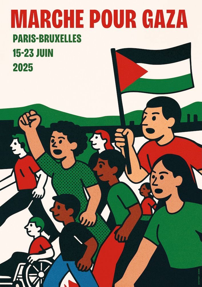 Illustration de la marche solidaire pour Gaza, rassemblant des personnes de tous âges, dont une en fauteuil roulant et une brandissant un drapeau palestinien. Texte : 'Marche pour Gaza – Paris-Bruxelles, 15-23 juin 2025