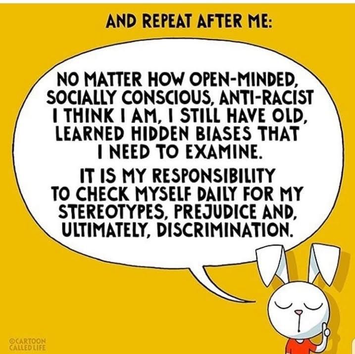 No matter how open minded, socially conscious, anti racist I think I am, I still have hidden biases that I need to examine.

It is my responsibility to check myself daily for my stereotypes, prejudice, and ultimately, discrimination. 