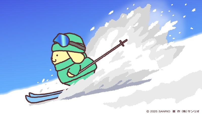 Translation via Google:
This year might be good ♪

An illustration depicting Pompompurin's profile. He is skiing down a snow-covered slope, with fluffy white snow spraying out from behind him. He is wearing a light green skiing outfit, pants, sweater, scarf, and hat. He also has a set of goggles on his forehead. The sky behind the slope is a vibrant blue color.