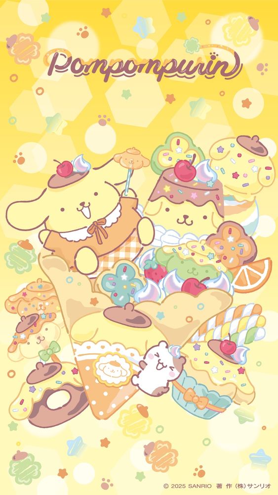 Translation via Google:
The first wallpaper of the year will bring you good luck with delicious looking sweets ♪

A colorful phone background sized illustration featuring Pompompurin and Muffin. Written near the top of the image in brown thick cursive is "Pompompurin", the dot of the "i" being a small pawprint. The letters look as though they are covered in honey. The background of the top of the image is bright yellow with scattered white translucent rounded corner octagons, paw prints, stars, and clovers. The main part of the image is a very intricate and extravagant looking crepe dessert that Pompom is sitting inside of, dressed in an orange smock with a white peter pan collar, holding an orange lollipop/icepop of his face. On top of his signature beret are a cherry and dollop of whipped cream. The crepe also contains an orange slice, strawberries, caramel cream pudding, various dollops of whipped cream, decorated sugar cookies, and a scoop of multicolored ice cream. The crepe is held in a small sleve with Pompom motifs. Muffin is holding onto the sleve with a dollop of whipped cream on her head, smiling wide, eyes closed. Accenting the outside of the crepe are a colorful Purin themed donut, swirly orange/green/yellow marshmallows, and a Purin themed cupcake. The bottom of the image is a lighter yellow with translucent circles and doodles of various clovers in light orange and green, wearing purin hats.