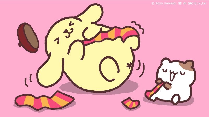 Translation via Google:
Hmmm, I can't take it off!

Pompompurin and Muffin sit together, both taking a long, dark pink and yellow striped sock off of one of their feet. The sock stretches and seems to be stuck, causing Purin to roll back, his hat tumbling off and shake marks showing up beside his leg and one of his ears. His eyes are closed tightly and there is a big smile on his face. You can see his charmspot as he rolls back. Muffin is taking her sock off as well. On the ground beside both of them is the sock from both of their first feet. The background of the image is a mild pink color.