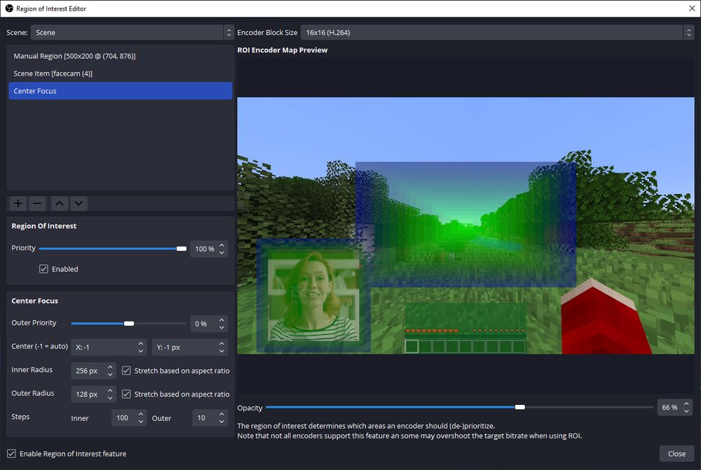 Screenshot du setup du plugin Region of interest, on y voit une vue de OBS avec des zones sur lesquels il y a des carrés qui correspondent aux zones de priorité d'encodage
