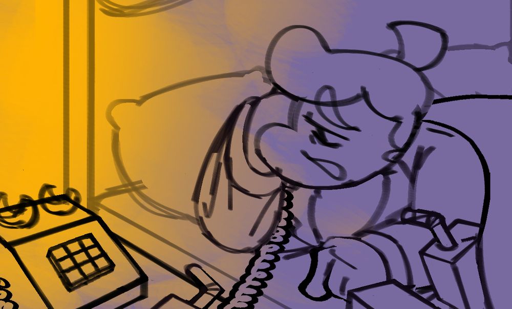 sketch of the final drawing. there’s a yellow purple gradient representing lighting.