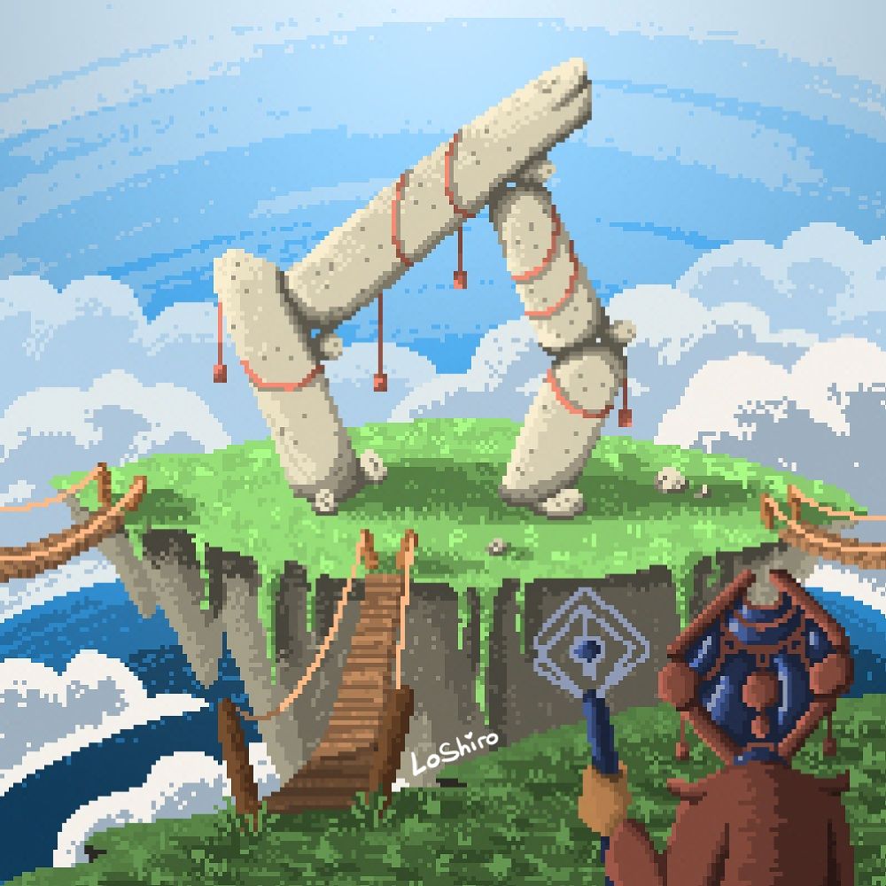 Pixel art illustration made by LoShiro. The illustration is representing an imaginary landscape over the clouds with flotting islands. On one of them, there is some sort of rock structure which serves as a ceremonial altar. In frontground, a priest with a scepter is looking at the altar.