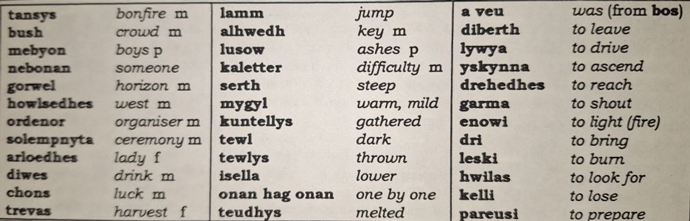Clipping of a vocabulary wordlist from an old Cornish language publication. Some words reflect earlier spellings: 
solempnyta = solempnita (noun: "solemnity"; "ceremony")
kuntellys = kuntelys (adj. "gathered")