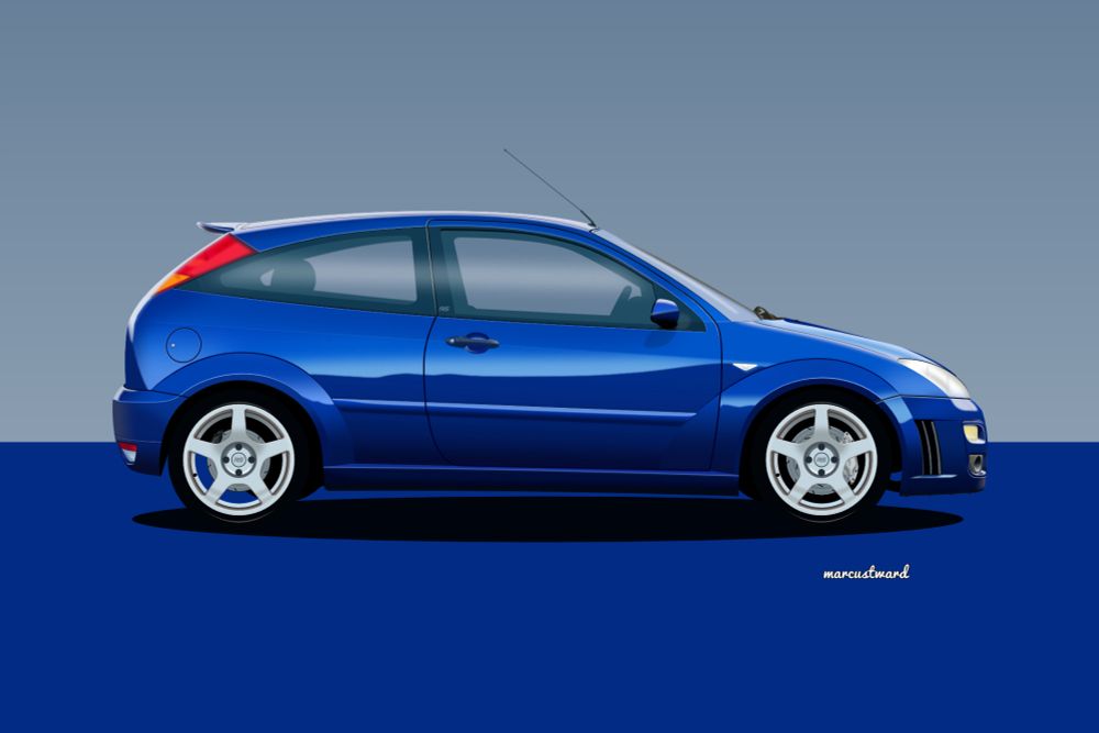 Vector drawing of a MK1 Ford Focus RS in imperial blue metallic. 