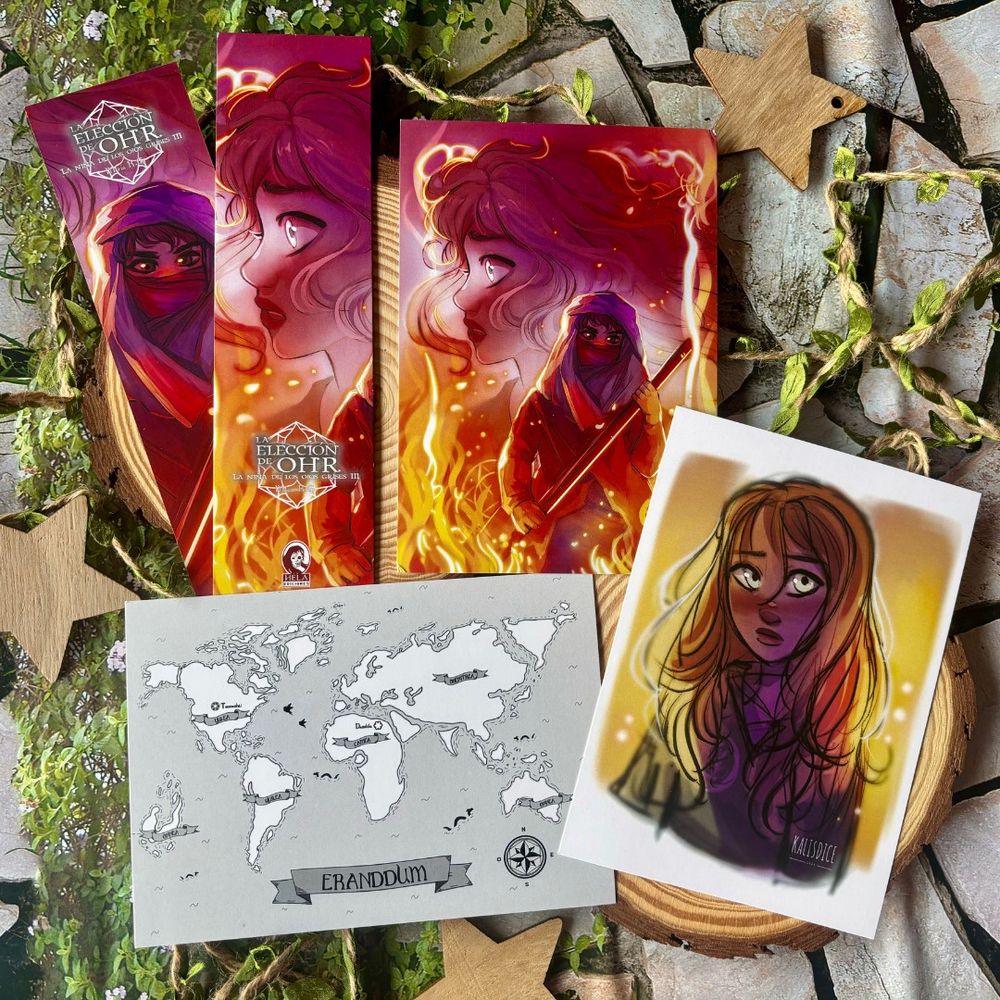 Recompensas por la compra de La elección de Ohr: marcapáginas a doble cara y postales de la cubierta, el mapa de Eranddum y un retrato de Neefka.