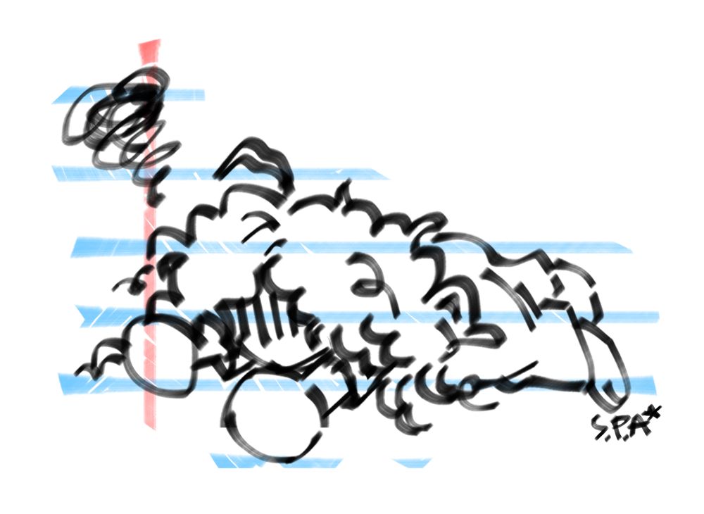 a drawing done on ibis paint x in a chiseled marker brush. it’s a chibi drawing of me defeatedly splayed on the ground stomach-side in black lineart, with a squiggle hovering over my head on the left side. the background looks like a roughly cut out piece of lined paper, the type with a red line for the margin and blue lines for the actual writing. 