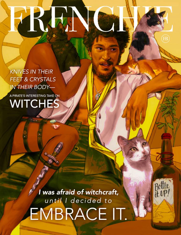 Our Flag Means Death fake magazine cover of Frenchie surrounded by cats and a witches, looking fashionable in warm tones.