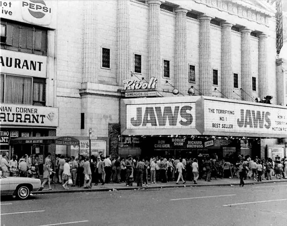 Movie goers line up to see the movie Jaws in 1975.