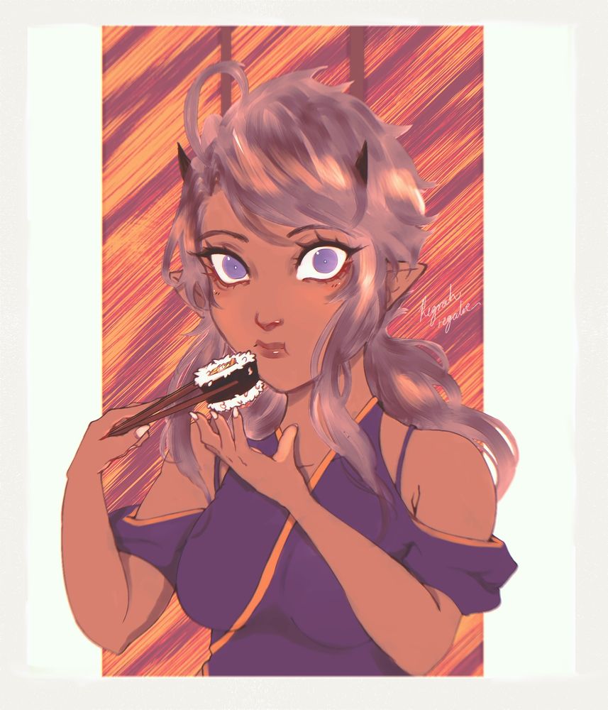 My original character Nair, brown skinned elven demon with horns in a blue and orange trimmed outfit, is in the middle of eating sushi. The expression on her face s surprised as this art is like a random photo taken of her.