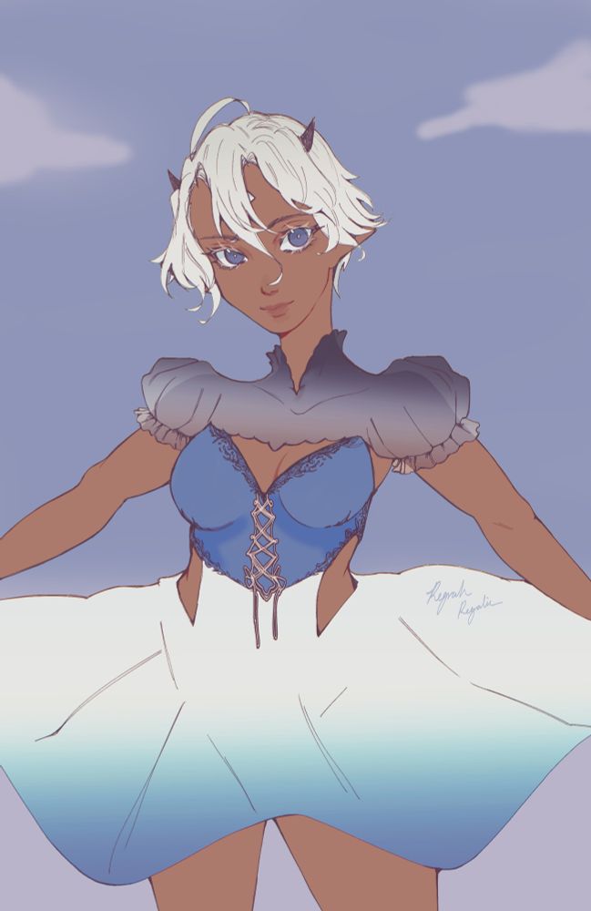 Doodle of my oc Nair with short hair. She has blue eyes and grey hair. The dress is wearing is a gradient dress of blue and white with a blue corset.
