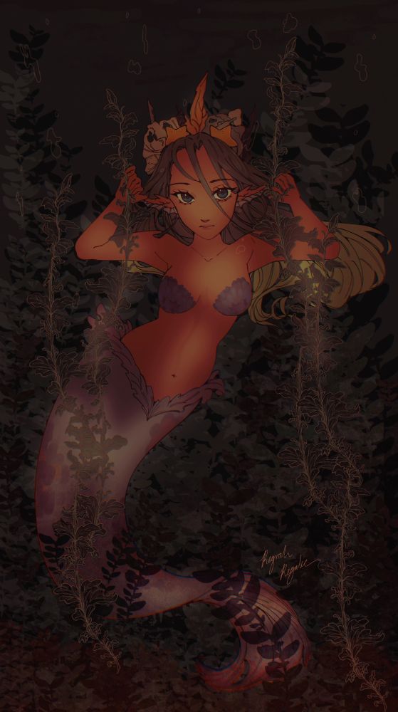 A mermaid with flowing green hair and a crown made of coral and starfish holding seaweed and waiting in water with an innocent look.
