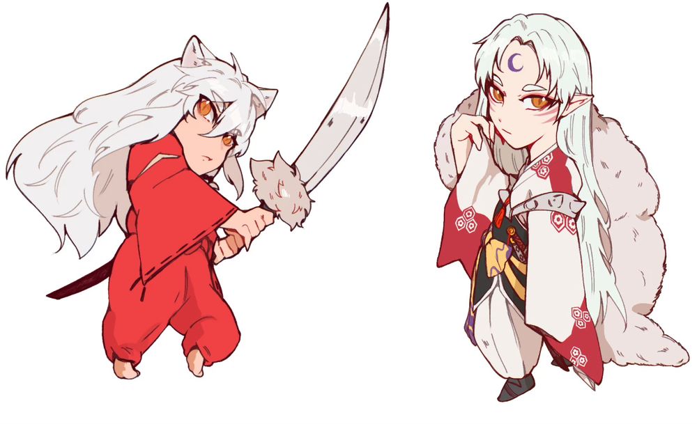 Chibi drawings of Inuyasha; white hair man with dog ears, wearing a red kimono and is holding a sword, and Sesshomaru, man with long hair, purple crescent moon on his forehead and wearing a white kimono with red accents.