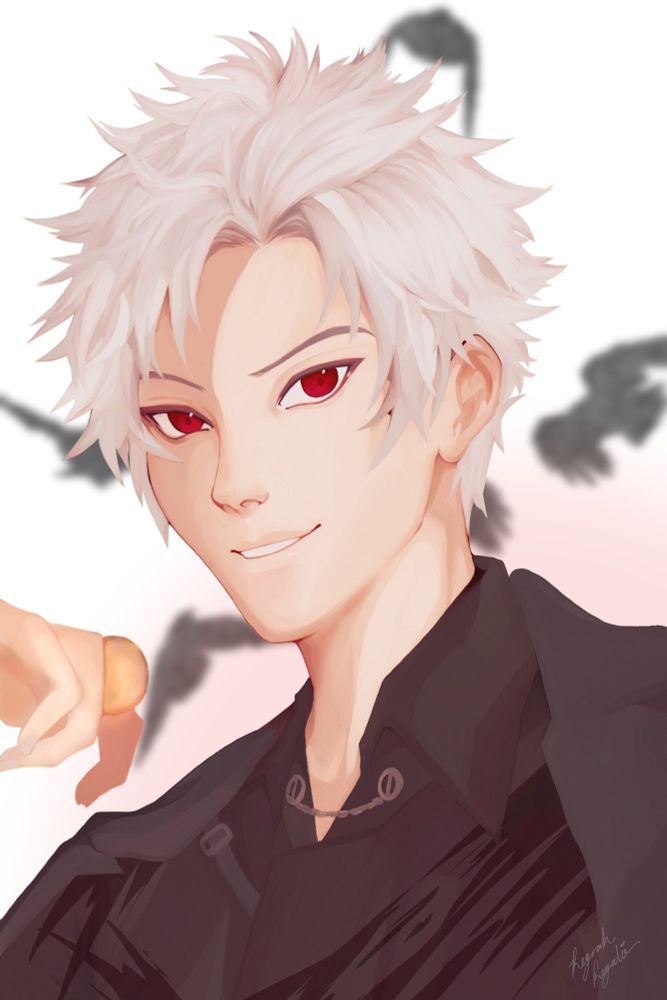 Painting of Sylus, a silver haired man with red eyes, from the otome game, Love and Deepspace. He is holding a golden coin in his hand and has black crows flying in the distance behind him. This is a rework of a painting that I did last year. 