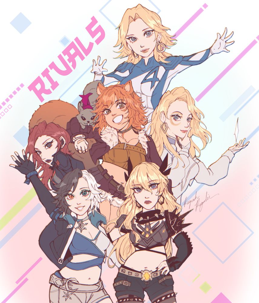 Characters from Marvel Rivals. From Top to bottom: Sue Storm, Black Widow, Squrriel Girl, Dagger, Luna Snow, and Magik.