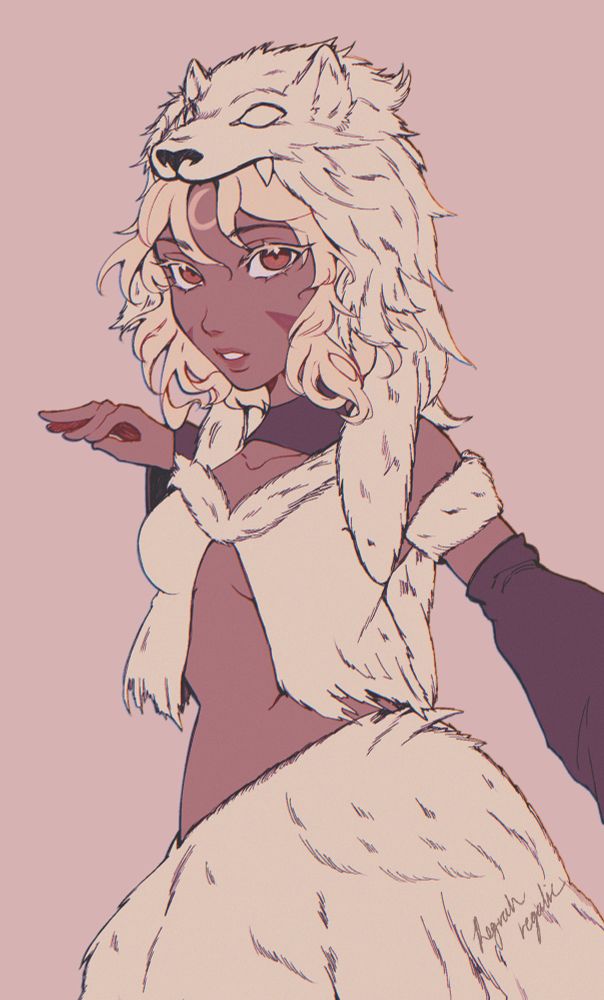 Original character Arn, black girl with white hair, wearing white/cream colored wolf fur and a wolf pelt on the top of her head.