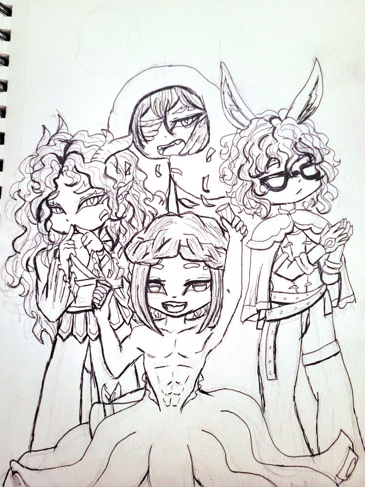 Ocsky art of my original characters from a game I had been developing. Only two of them have names but from left to right they're based off of a kirin, blanket octopus, raven, and Jackalope.